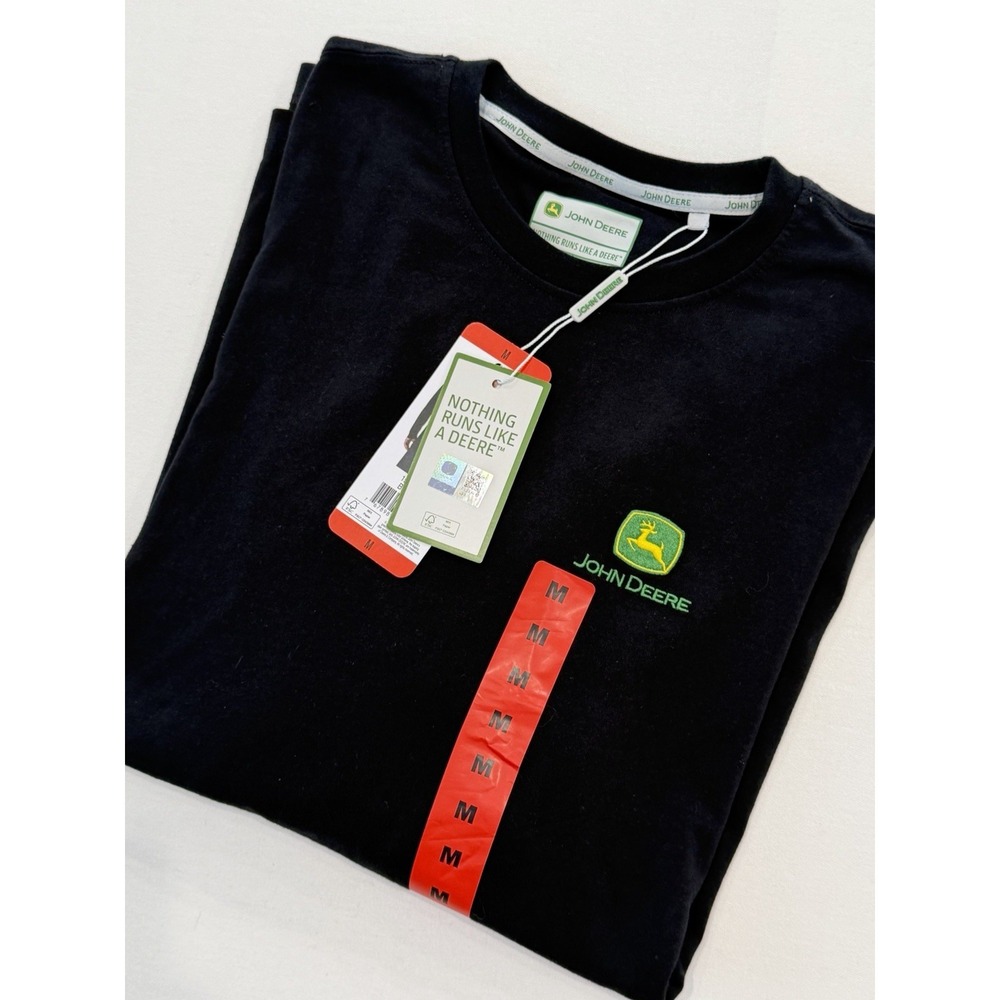 John Deere Logo T-shirt Men's Medium Black Cotton Casual Work Fall Everyday Long